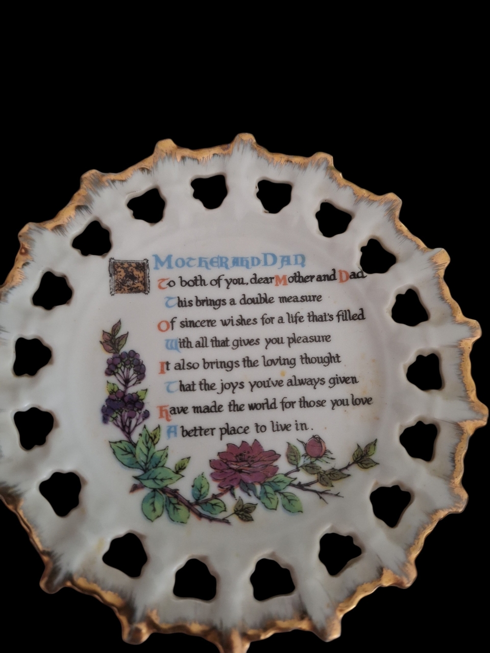 Vintage Mother and Dad Poem Pierced Collector Plate
